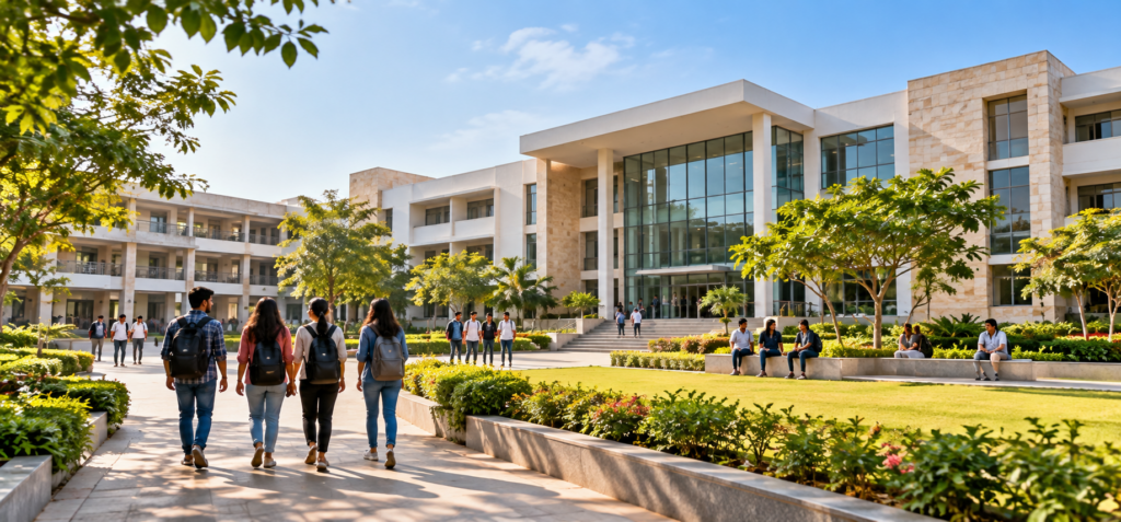Students walking through a modern university campus