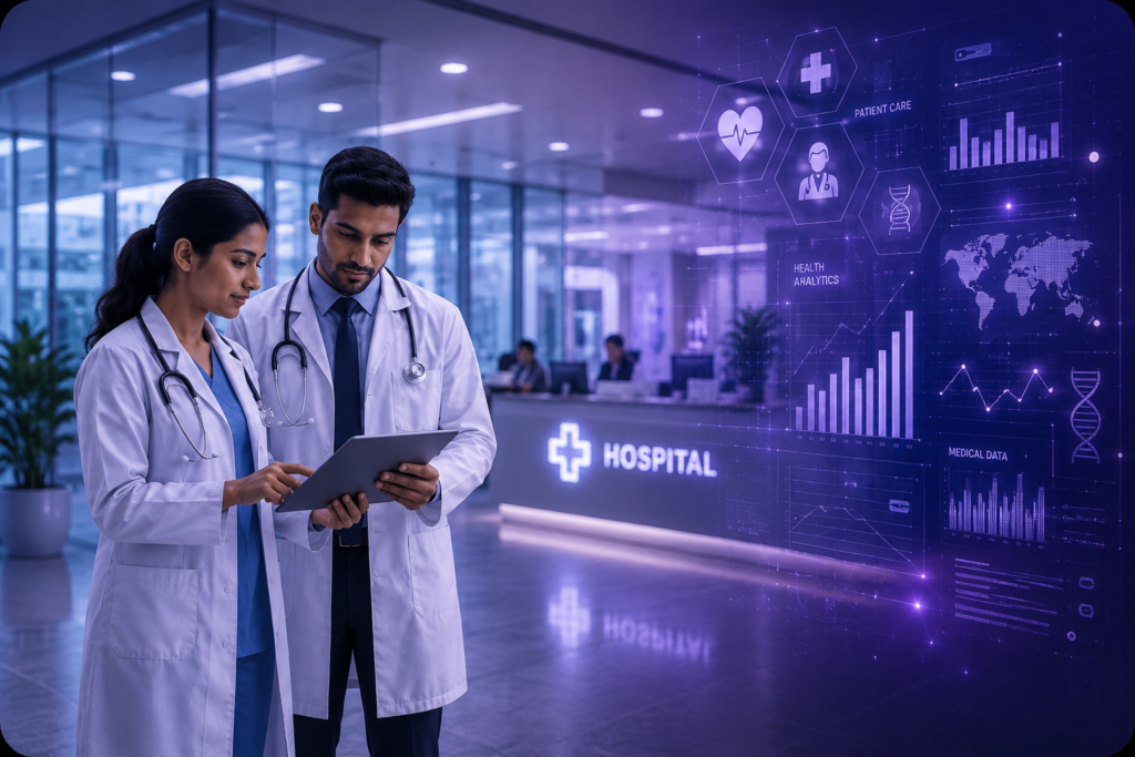 Healthcare professionals discussing patient care and digital growth