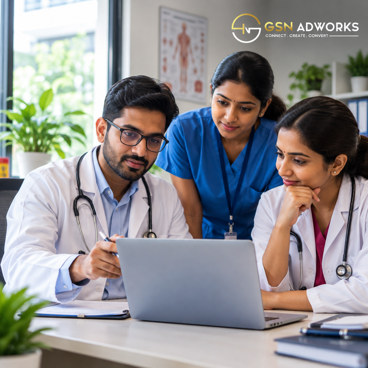 Healthcare professionals discussing digital marketing strategy